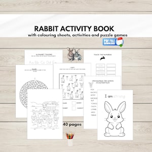 Può includere: Un libro di attività in bianco e nero per bambini con tema coniglio. Il libro include 40 pagine di attività come il tracciamento dell'alfabeto, labirinti, conteggio, parole da riordinare e pagine da colorare. La copertina presenta un coniglio con il testo "RABBIT ACTIVITY BOOK" e "with coloring sheets, activities and puzzle games".