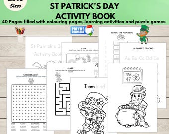 Utskrivbar aktivitetsbok för St Patrick’s Day, målarbilder för barn, spårning, labyrinter och ordspel, aktivitetspaket för klassrummet i PDF-format för mars.