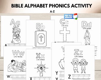 A-Z Bible Alphabet Phonics Printable Activity Sheets, Sunday School ABC Tracing, Children’s Ministry Resource