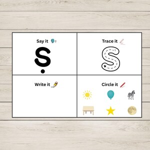 May include: A white educational worksheet divided into four sections for the letter S. It features a large black letter S with a dot, a dashed letter S for tracing, a blank space for writing, and a section to circle images of a sun, balloon, zebra, table, star, and moon.