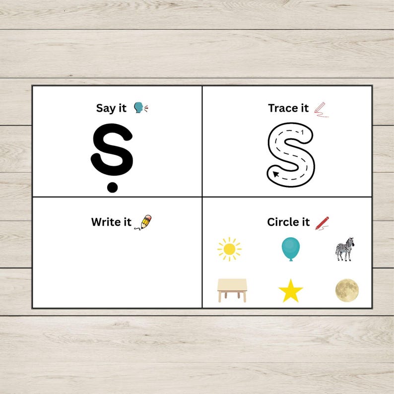 May include: A white educational worksheet divided into four sections for the letter S. It features a large black letter S with a dot, a dashed letter S for tracing, a blank space for writing, and a section to circle images of a sun, balloon, zebra, table, star, and moon.