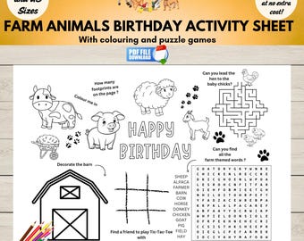 Farm Animals Birthday Table Activity Printable, Kids Party Placemat PDF, Farm-themed Coloring Page for Birthdays,