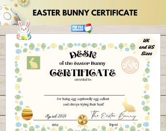 Easter Bunny Certificate Printable, Reward for Kids, Basket Surprise, Classroom Award, Instant Download