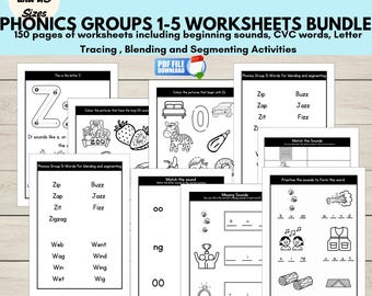 Phonics Worksheets Bundle for Groups 1-5, Initial Sounds, Letter Formation, CVC Words, Blending & Segmenting
