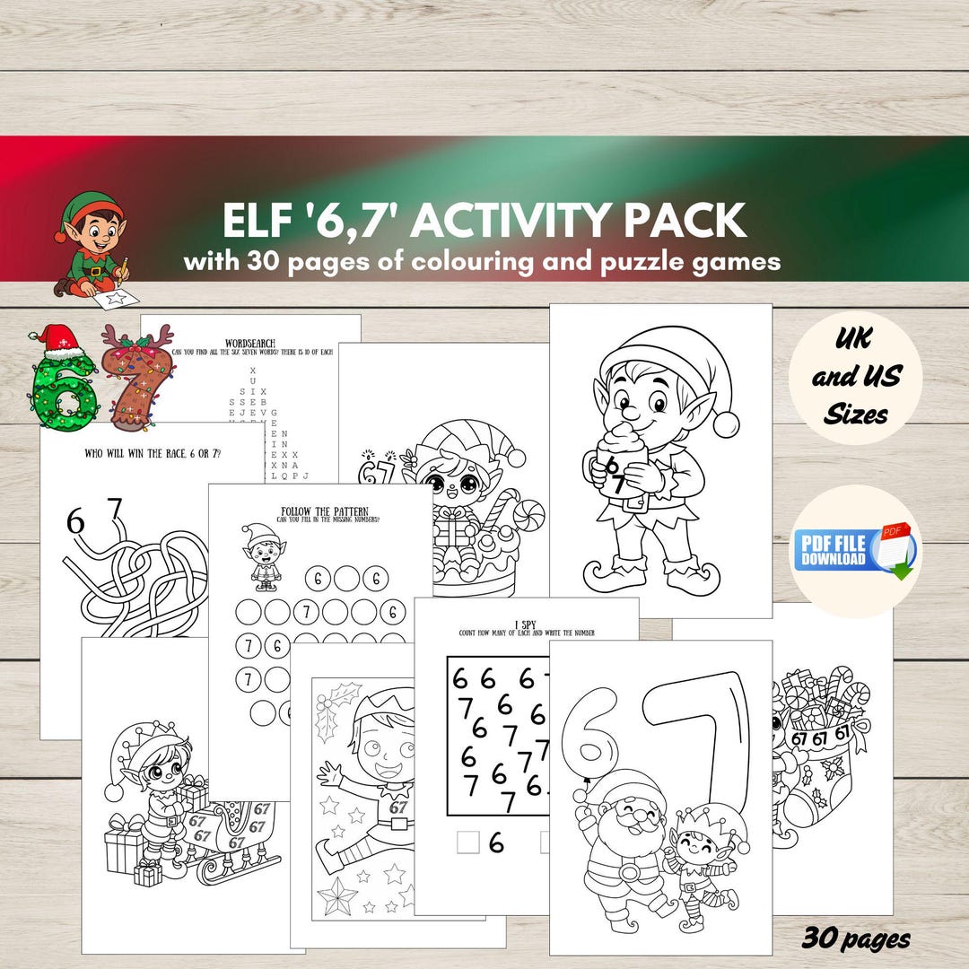 Elf '6,7' Themed Activity Pack Printable, Six Seven Trend Coloring ...