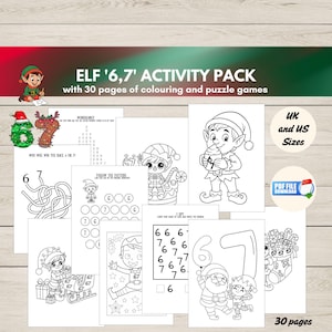 May include: An Elf '6,7' Activity Pack with 30 pages of coloring and puzzle games. The pages feature elf-themed illustrations and games, including mazes, word searches, and number recognition exercises. Includes UK and US sizes.
