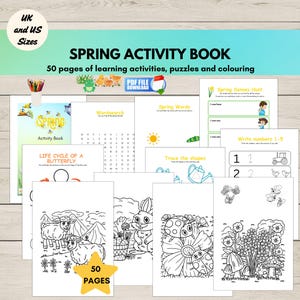 Pode incluir: Um livro de atividades de primavera com 50 páginas de atividades de aprendizagem, quebra-cabeças e páginas para colorir. A capa apresenta o texto "Spring Activity Book" com ilustrações coloridas. Inclui uma opção de download de arquivo PDF.