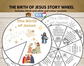 Printable Birth of Jesus Story Wheel Spinner Craft for Kids, Christmas Sunday School Activity, Christian Bible Story,