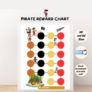 May include: A printable pirate-themed reward chart with a game board featuring a path of circles in black, red, orange, and yellow. The chart includes the text "Pirate Reward Chart", "Start", and "My Reward:".