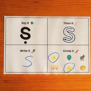 May include: A white educational worksheet divided into four sections for the letter S. Sections include Say it with a large black letter S, Trace it with a dotted letter S, Write it with a blue handwritten S, and Circle it with images of a sun, balloon, zebra, table, star, and moon.