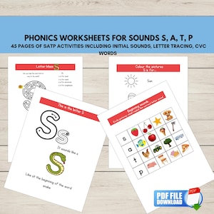 Hojas de trabajo de fonética para SATP, sonidos iniciales, práctica de escritura a mano, palabras CVC, sonidos faltantes, sonidos de la fase 2, conjunto 1, descarga en PDF.