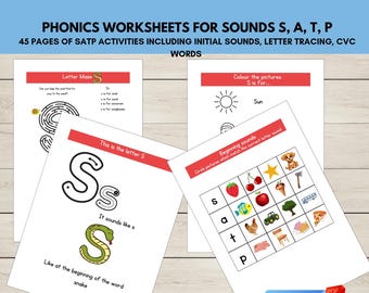 Phonics Worksheets for SATP, Initial Sounds, Handwriting Practice, CVC Words, Missing Sounds, Phase 2 Set 1 Sounds, PDF Download,