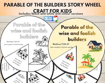 Parable of the Builders Bible Story Wheel Coloring Craft for Kids, Matthew 7:24-27, Christian Activity Printable, Sunday School Bible Lesson