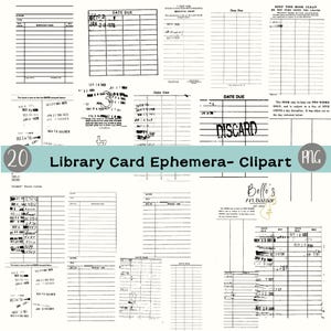 Op de afbeelding: Een verzameling van 20 vintage bibliotheekkaart ephemera clipart afbeeldingen in zwart en wit. De afbeeldingen bevatten bibliotheekkaarten met handgeschreven notities, datums en stempels. De tekst "Library Card Ephemera- Clipart" is zichtbaar.