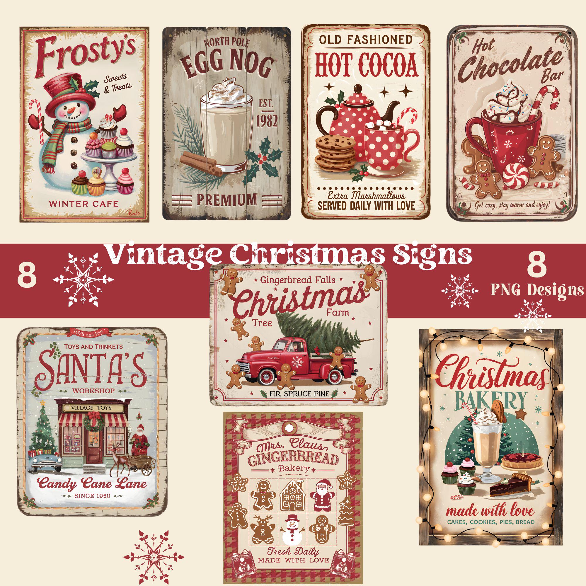 Christmas Vintage Retro Signs,Rustic holiday PNG,farmhouse bakery coffee cocoa instant download, framable wall art, printable gifts 8 images
