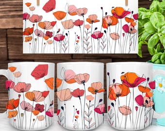 Red Pink Poppy Flower Mug Wrap,Sublimation Floral Coffee mug, Summer Fun Graphic,Instant Download,PNG Digital Design,Poppy Lover Drawing Art
