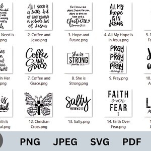 Könnte beinhalten: Ein Set mit 15 Schwarzweiß-Digitaldownloads mit inspirierenden Zitaten und Bibelversen. Die Zitate beinhalten "Alles, was ich brauche, ist ein bisschen Kaffee und eine ganze Menge Jesus", "Sie ist stark", "Glaube über Angst" und "Jesus ist die Antwort".
