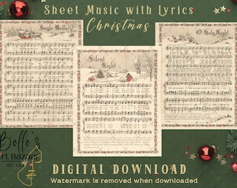 Vintage Christmas Carols,Music sheet with Lyrics,JPG instant download,Digital Art jingles,retro song notes,old music journal paper,sing jpg