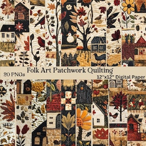 Peut inclure: Un ensemble de 20 fichiers de papier numérique présentant des motifs de patchwork d'art populaire. Les designs incluent des maisons, des arbres, des oiseaux et des fleurs dans des tons rouge, noir, jaune et crème. Chaque fichier mesure 30,48 cm par 30,48 cm.