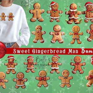 May include: A digital clipart bundle of 17 gingerbread people in various poses and outfits. The gingerbread people are illustrated in a cartoon style with bright colours and festive details. The bundle includes a variety of gingerbread people, including some wearing Santa hats, some holding candy canes, and some with icing decorations. The bundle is labelled "Sweet Gingerbread Man Bundle" and "PNG".
