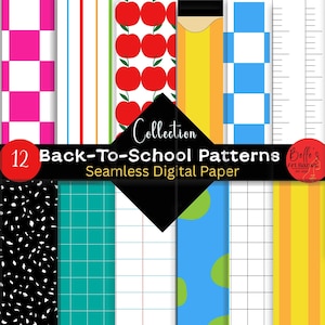 Puede incluir: Una colección de 12 patrones de papel digital sin costuras para el regreso a clases. Los patrones incluyen cuadros rosas y blancos, rayas rojas y blancas, manzanas rojas, lápices, cuadros azules y blancos, reglas, diseños moteados en blanco y negro.
