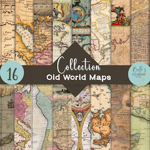 May include: A collection of 16 antique world maps with a variety of colors and designs. The maps are from different regions and time periods, with the words "Collection Old World Maps" in the center. The Belle's Art Bazaar logo is in the bottom right.