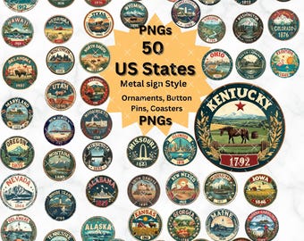 Vintage USA State Emblems, Rustic sign, Round Ornament, Button Pin, Coasters, Cup Cake Topper, 50 PNG Bundle