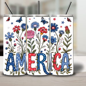 Vaso delgado America Garden de 20 oz, envoltura patriótica con flores y mariposas, Día de la Independencia de EE. UU., envoltura del 4 de julio, regalo de vaso americano