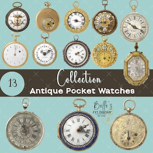 May include: A collection of antique pocket watches with various designs and colors. The watches have intricate details, including Roman numerals, ornate hands, and decorative cases. The image includes the text "Collection Antique Pocket Watches" and "Belle's Art Bazaar EST. 2023".