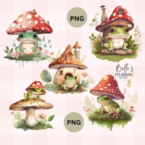 Fliegenpilz Frösche Kröten, Cottagecore Natur Waldland Dekoration, Handwerk DIY, Sofort Download, 5 PNG Dateien, druckbare Clip Art