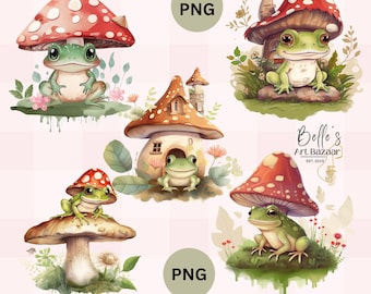 Toadstool clipart,5 PNGs,frogs Mushrooms Toads,Cottagecore Nature Woodland Home Decor,Crafts DIY,Instant Download,mockups Printable Clip Art