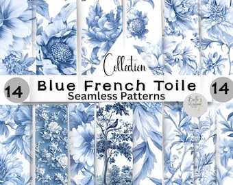 Blue French Toile,Digital Craft Paper 12x12,JPG,PNG Seamless Pattern,Craft Background,Ephmera Junk Journal,Instant Download,Chinoiserie Gift