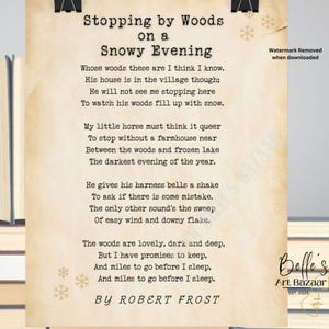 Arte murale di Robert Frost Poetry, "Fermata nei boschi innevati", poesia classica, png pdf, regalo per le vacanze invernali, decorazioni per la casa con parole invernali, materiale per collage artigianali