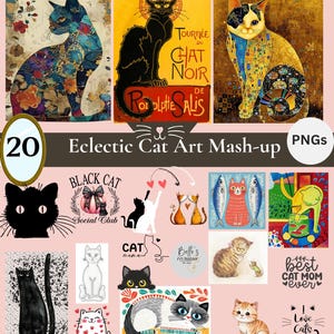Op de afbeelding: Een digitale collectie van 20 PNG-bestanden met kattenthema, inclusief diverse illustraties zoals een bloemrijke kat, een Tournée du Chat Noir-poster, een goudgepatroneerde kat, silhouetten en teksten zoals Black Cat Social Club en Best Cat Mom Ever.