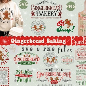Puede incluir: Un paquete de descarga digital de 12 archivos SVG y PNG para hornear pan de jengibre. Los diseños presentan varias ilustraciones con temática de pan de jengibre, incluyendo una persona de pan de jengibre, una panadería de pan de jengibre y una receta de galletas de pan de jengibre. Los diseños son perfectos para crear manualidades personalizadas, decoraciones e imprimibles.