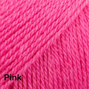 May include: A close-up view of vibrant hot pink yarn featuring a tightly twisted ply construction. The fibres exhibit a soft, fuzzy texture with a consistent saturated colour throughout the entire surface. The word Pink is printed in black.