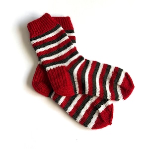 Hand Knitted Wool Christmas Socks: Red Green White Striped Holiday Stocking Stuffer