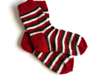 Hand Knitted Wool Socks: Red Green White Striped Holiday Stocking Stuffer