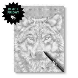 Puede incluir: Arte de puntos en blanco y negro de la cara de un lobo. Un bolígrafo negro con la palabra "DOTZ" está en la esquina inferior derecha. Una estrella negra con las palabras "BLACK FRIDAY %" está en la esquina superior izquierda.