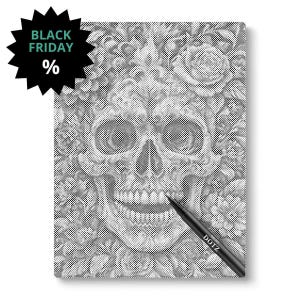Może przedstawiać: Czarno-biały wzór w kropki czaszki z elementami kwiatowymi. Czarny długopis z napisem "DOTZ" znajduje się w prawym dolnym rogu. Czarna gwiazda z napisem "BLACK FRIDAY %" znajduje się w lewym górnym rogu.