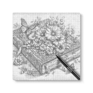 May include: Black and white dot art of a floral arrangement on a square canvas. A black pen with the word "DOTZ" is in the foreground. The artwork is a detailed illustration of flowers and foliage.