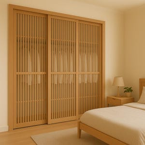 Minimalist Sliding Closet Doors Smooth Bypass Panels in Light Oak