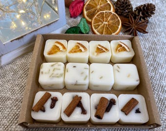 Cire de soja fondante pour Noël fait main, boîte de 12 pièces, parfum d&#39;ambiance festif hautement parfumé