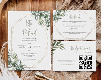 May include: A wedding invitation suite with a gold geometric frame and green foliage. The invitation reads "Katie and Richard invite you to their wedding celebration Saturday June 25 at 6:30 PM 2024 Madison's Greenhouse 123 Anywhere St. Any City Reception to follow". The details card includes the text "The Details Please join us for a lovely dinner and dancing after the ceremony. We have reserved accommodations at the location below. Please let us know if you would like to book. Madison's Suites 123 Anywhere St., Any City For additional details please visit our wedding website www.thesmiths2024.com". The RSVP card includes the text "Kindly Respond by May 2nd Please scan the QR code to RSVP on our wedding website www.thesmiths2024.com".