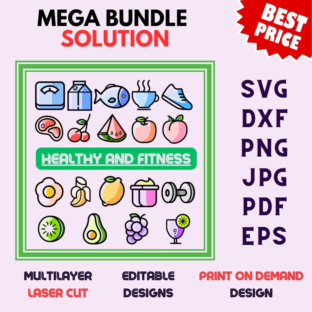 Fitness, Healthy & Fruit Multilayer SVG Bundle | Layered Laser Cut ...