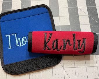 Customized Embroidered Luggage Handle Wrap / Neoprene Hook + Loop Fastener Name Tag / Stroller Wrap / Gym Bag