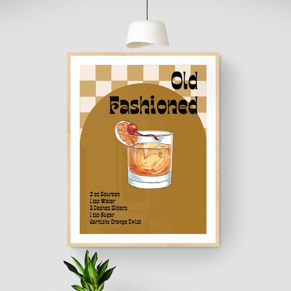 Old Fashioned Cocktail Print | Bar Cart Decor | Digital Art Download | Kitchen Decor | Retro Wall Art