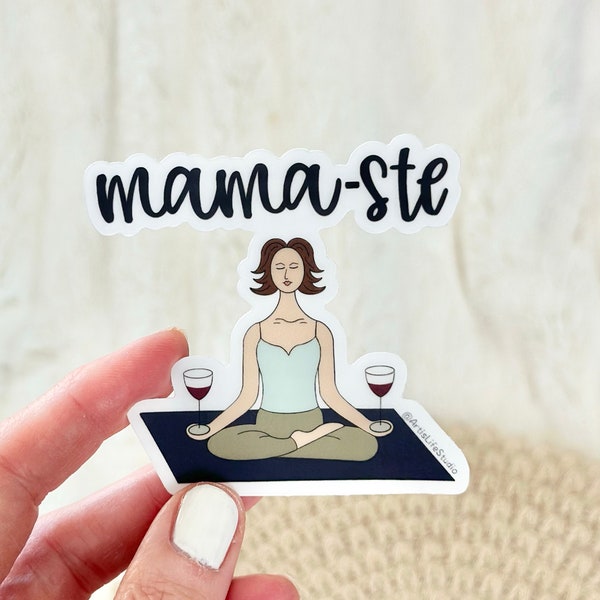 Waterproof Vinyl Clear Sticker, 3"x2.84", Weatherproof Sticker, Dishwasher safe, Removable, Mama-Ste Woman/Mom on Yoga Mat with Wine Glasses