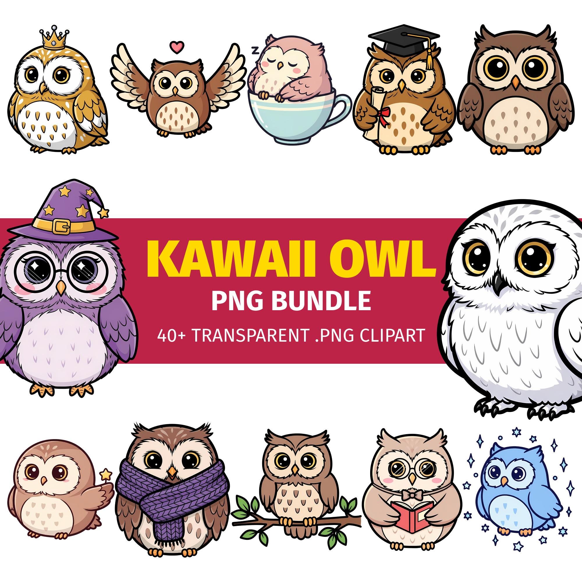 Kawaii Owl PNG Bundle | Cute Cartoon Owl Clipart Pack | Adorable Kawaii Owl PNG Files for Cricut, Su