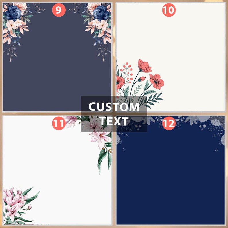 Puede incluir: Cuatro tarjetas imprimibles con dise&ntilde;os florales y casillas numeradas. Las tarjetas est&aacute;n dispuestas en una cuadr&iacute;cula con dos tarjetas en la parte superior y dos tarjetas en la parte inferior. La tarjeta superior izquierda tiene un fondo azul marino con flores blancas y azules en la esquina. La tarjeta superior derecha tiene un fondo blanco con flores rojas en la esquina. La tarjeta inferior izquierda tiene un fondo blanco con flores rosas en la esquina. La tarjeta inferior derecha tiene un fondo azul marino con flores blancas en la esquina. Las tarjetas est&aacute;n etiquetadas con los n&uacute;meros 9, 10, 11 y 12. El texto "CUSTOM TEXT" est&aacute; en el centro de la imagen.